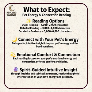 K&ouml;nnte beinhalten: Eine beige Infografik mit dem Titel What to Expect: Pet Energy & Connection Reading von Psychic Jahari. Sie listet Leseoptionen mit Zeichenanzahl sowie Abschnitte zur Verbindung mit Tierenergien, emotionalem Trost und intuitiven Einsichten.