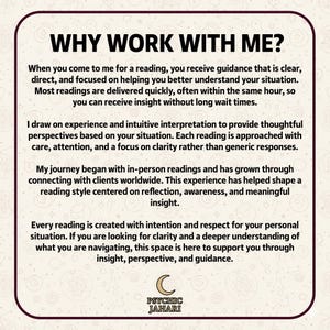 K&ouml;nnte beinhalten: Eine quadratische Informationsgrafik mit cremefarbenem Hintergrund und dunkelbraunem Rand. Der Text lautet: WHY WORK WITH ME? gefolgt von vier Abs&auml;tzen &uuml;ber Lesedienste, Erfahrung und Ansatz. Ein goldenes Mondsichel-Logo befindet sich &uuml;ber PSYCHIC JAHARI.