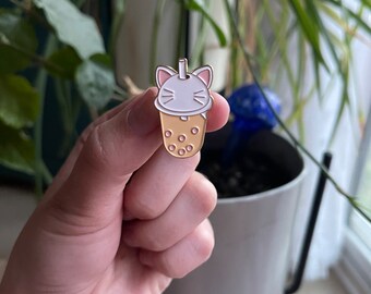 Boba tea cat enamel pin