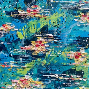 Peinture acrylique impressionniste unique de nénuphars sur toile. Art mural abstrait original.
