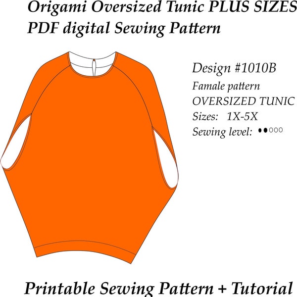 Origami One Piece Oversize Tunic Blouse PDF Digital Sewing Pattern Plus Sizes 1X-5X