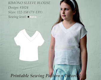 Girls Kimono Sleeve Blouse PDF Sewing Pattern Sizes 7y-13y (122-158 cm height)