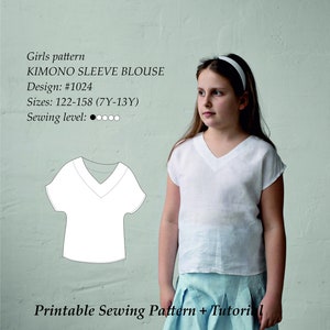 Girls Kimono Sleeve Blouse PDF Sewing Pattern Sizes 7y-13y 122-158 cm height zdjęcie 1