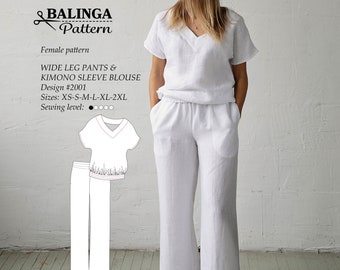 Pantaloni a gamba larga e camicetta kimono in formato PDF, modello da cucire XS-2XL