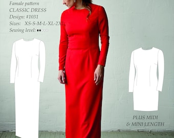 Classic Dress with Slit at Center Back and in 3 Lengths and Long Sleeve PDF digital Sewing Pattern Sizes XS-2XL USA 2-12