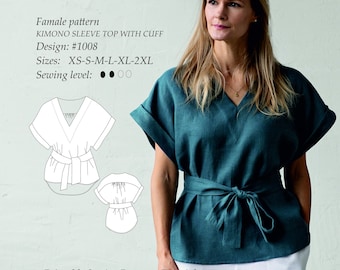 Kimono Sleeve  Blouse with Cuffs and V-neck PDF Sewing Digital Pattern  Pattern Sizes XS-2XL USA 2-12