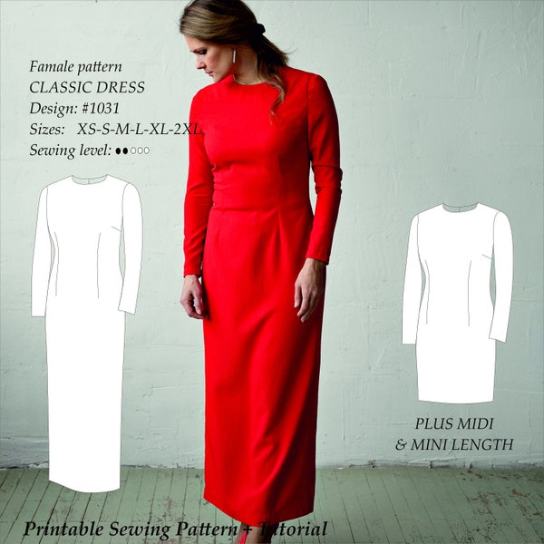 Classic Dress with Slit at Center Back and in 3 Lengths and Long Sleeve PDF digital Sewing Pattern Sizes XS-2XL USA 2-12