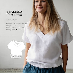 May include: A white kimono sleeve blouse sewing pattern with a V-neck and short sleeves. The pattern is for sizes XS-S-M-L-XL-2XL and is labeled as a super easy PDF sewing pattern with step-by-step instructions.