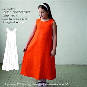 Long Sleeveless Dress for Girls PDF Digital Pattern Sizes 7Y-13Y (122-128 height)