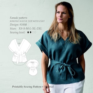 Kimono Ärmel Bluse mit Manschetten und V-Ausschnitt PDF Digital Schnittmuster Schnittmuster Größen XS-2XL USA 2-12