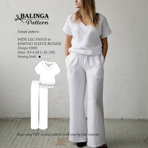 Wide Leg Pants & Kimono Blouse Set PDF Sewing Pattern XS-2XL
