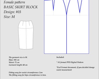 Basic Skirt Block Pattern for M Size Suggested for Beginners and New Patterns Drafting