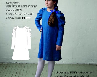 Modello di cucito per abito con maniche a sbuffo per bambine: taglie 7-13 (PDF digitale)
