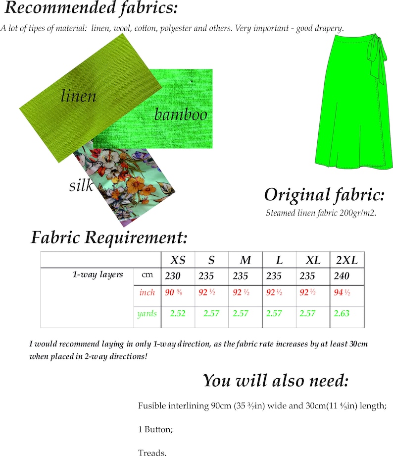 May include: A chart showing fabric requirements for a garment in different sizes. The chart includes measurements in centimetres, inches, and yards. The fabric is described as steamed linen fabric 200gr/m2. The chart also includes a list of additional materials needed, including fusible interlining, a button, and threads.