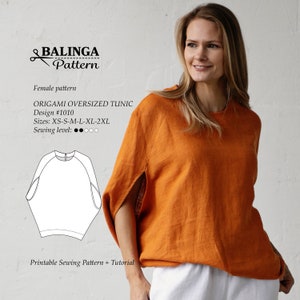 Origami One Piece Oversize Tunic Blouse PDF Digital Sewing Pattern Sizes XS-2XL USA 2-12