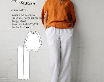 Pantaloni a gamba larga e tunica oversize origami - Modelli di cucito PDF - Taglie dalla XS alla 2XL