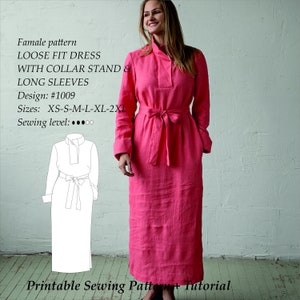 Loose Fit Dress With Collar Stand & Long Sleeve PDF Digital Sewing Pattern Sizes XS-2XL