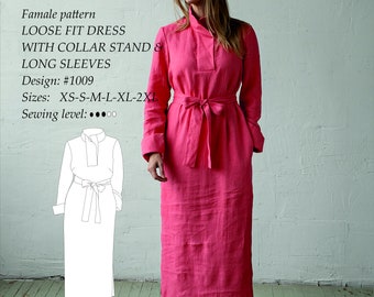 Abito dalla vestibilità ampia con colletto rialzato e modello di cucito digitale PDF a maniche lunghe taglie XS-2XL