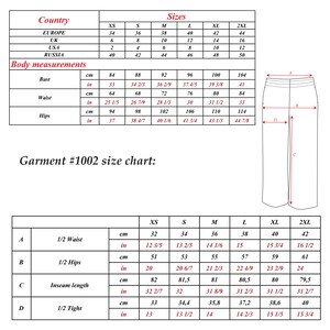 May include: Size chart for garment #1002, including body measurements in inches and centimeters. The chart provides measurements for bust, waist, and hips, as well as garment dimensions like waist, hips, inseam length, and tight measurements.