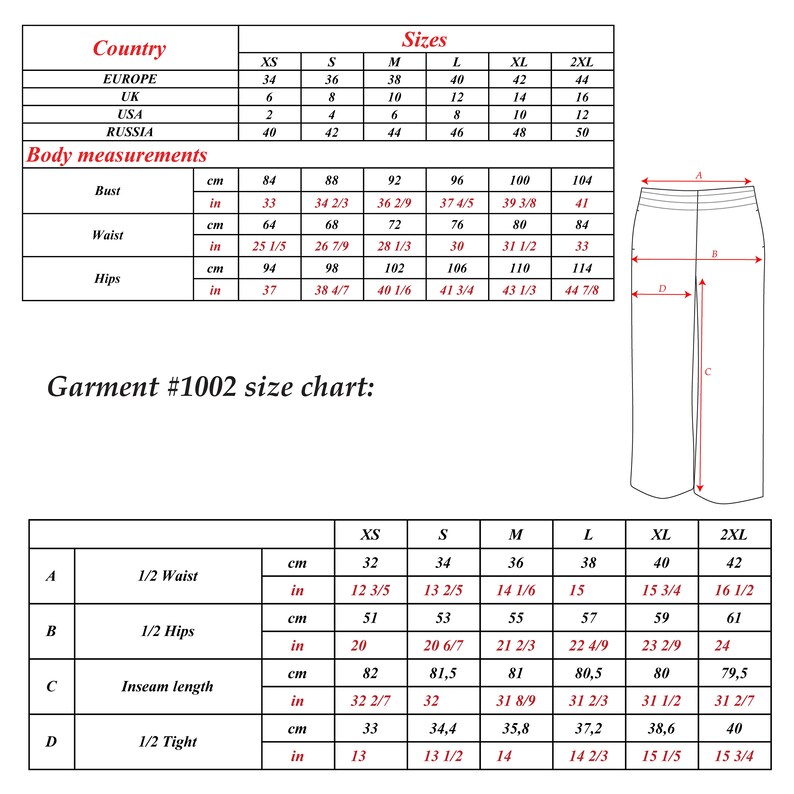 May include: Size chart for garment #1002, including body measurements in inches and centimeters. The chart provides measurements for bust, waist, and hips, as well as garment dimensions like waist, hips, inseam length, and tight measurements.