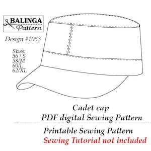 Può includere: Un disegno al tratto in bianco e nero di un cartamodello per berretto da cadetto. Il testo include BALINGA Pattern, Design #1053, taglie 56/S, 58/M, 60/L, 62/XL, Cadet cap, PDF digital Sewing Pattern, Printable Sewing Pattern, Sewing Tutorial not included.