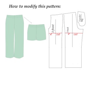 May include: Diagram illustrating how to modify a pattern. It shows a pair of pants and shorts, along with pattern pieces labeled "1-front", "2-back", and "3-pocket bag". The text "cut" indicates where to alter the pattern.