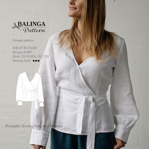 Long Sleeve Wrap Blouse PDF Digital Sewing Pattern Sizes XS-2XL