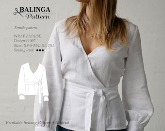 Long Sleeve Wrap Blouse PDF Digital Sewing Pattern Sizes XS-2XL