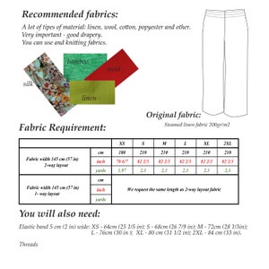 May include: Image showing fabric recommendations for sewing, including silk, bamboo, wool, and linen. A chart details fabric requirements in inches and yards for various sizes. The image also includes a line drawing of pants.