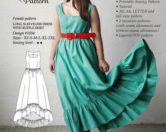 Modello di cucito per abito lungo con volant: senza maniche (PDF)