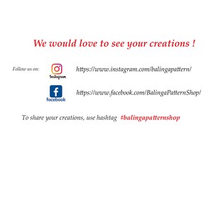 May include: White background with red text that reads "We would love to see your creations!". Includes Instagram and Facebook icons with links to BalingaPattern's social media pages. The text encourages users to share creations using the hashtag #balingapatternshop.