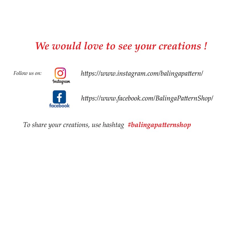 May include: White background with red text that reads "We would love to see your creations!". Includes Instagram and Facebook icons with links to BalingaPattern's social media pages. The text encourages users to share creations using the hashtag #balingapatternshop.