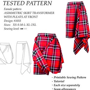 May include: A red and black tartan skirt pattern with a unique asymmetrical design. The pattern includes instructions for creating a skirt with pleats at the front. The pattern is available in sizes XS-S-M-L-XL-2XL.