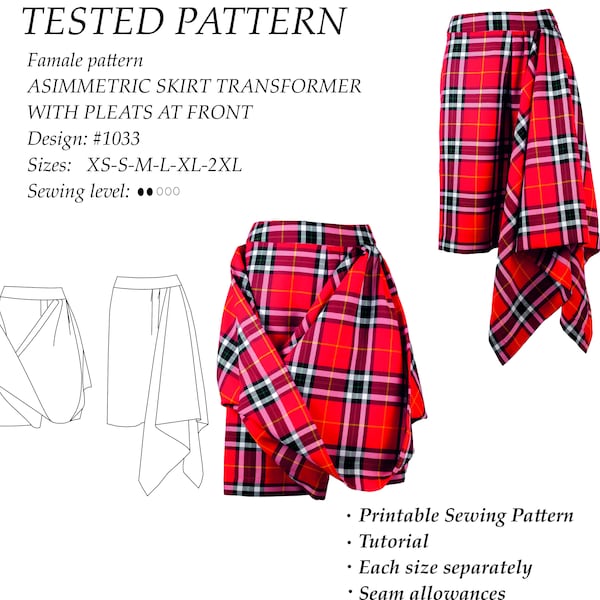 Asymmetric Skirt with Pleats at Front PDF Digital Sewing Pattern Sizes XS-2XL USA 2-12