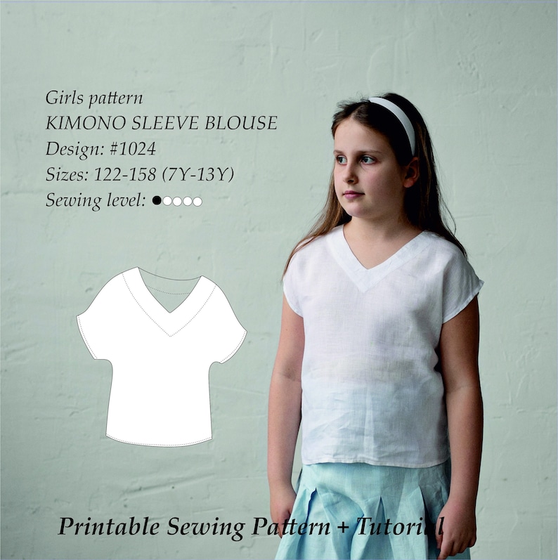Girls Kimono Sleeve Blouse PDF Sewing Pattern Sizes 7y-13y 122-158 cm height image 1