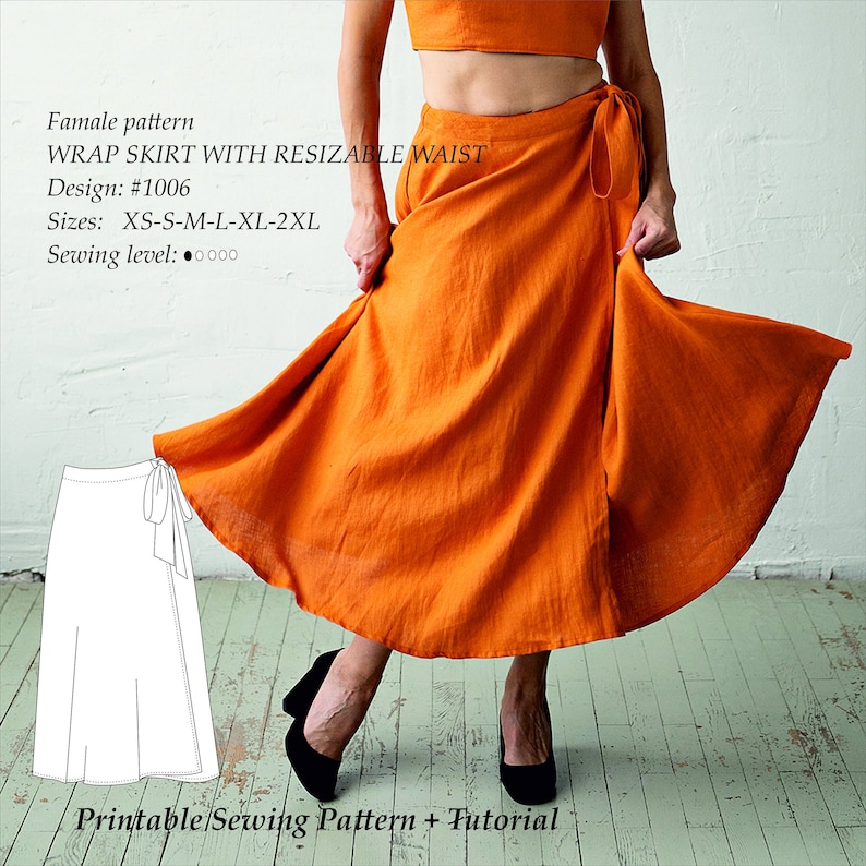 May include: A printable sewing pattern for a wrap skirt with a resizable waist. The pattern is shown on a model wearing an orange skirt. The pattern includes sizes XS-S-M-L-XL-2XL. The text "Famale pattern WRAP SKIRT WITH RESIZABLE WAIST Design: #1006 Sizes: XS-S-M-L-XL-2XL Sewing level: .0000 Printable/Sewing Pattern + Tutorial" is visible in the image.