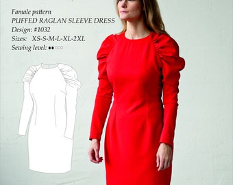 Abito lungo con maniche raglan a sbuffo, modello di cucito digitale in formato PDF