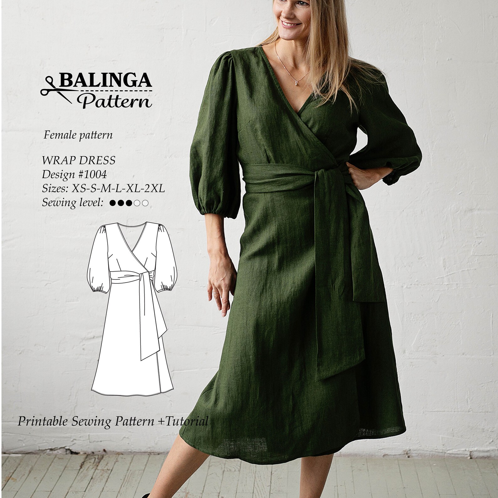 Wrap Dress With Puff Sleeves PDF Digital Sewing Pattern Sizes XS-2XL - Etsy