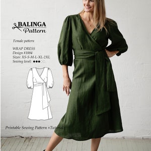 Wrap Dress With Puff Sleeves PDF Digital Sewing Pattern Sizes XS-2XL