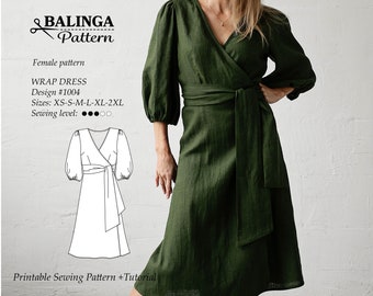Wrap Dress With Puff Sleeves PDF Digital Sewing Pattern Sizes XS-2XL