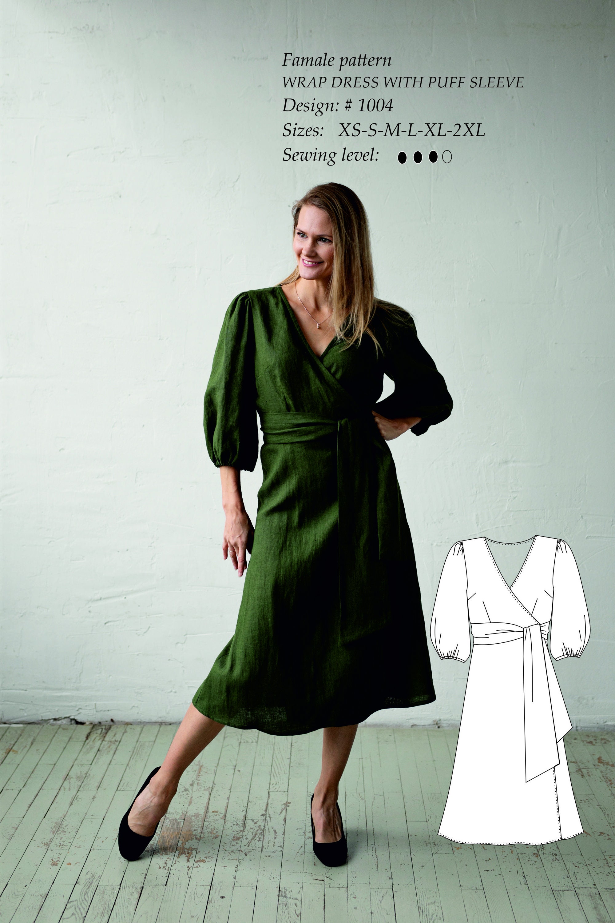 Wrap Dress With Puff Sleeves PDF Digital Sewing Pattern Sizes XS-2XL - Etsy