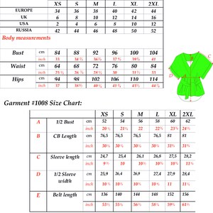 May include: A size chart for a garment, showing measurements in inches and centimeters for different sizes, from XS to 2XL. The chart includes measurements for bust, waist, hips, 1/2 bust, CB length, sleeve length, 1/2 sleeve width, and belt length.