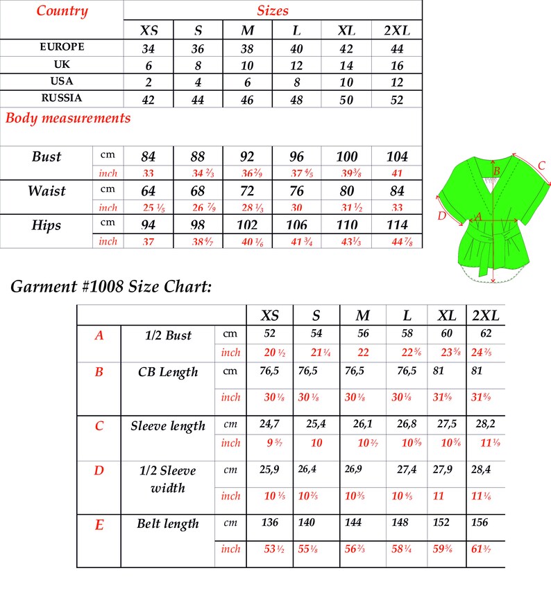 May include: A size chart for a garment, showing measurements in inches and centimeters for different sizes, from XS to 2XL. The chart includes measurements for bust, waist, hips, 1/2 bust, CB length, sleeve length, 1/2 sleeve width, and belt length.