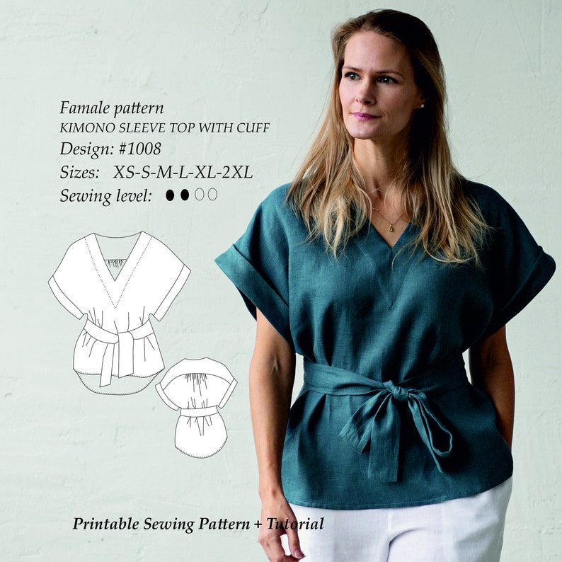 May include: A printable sewing pattern and tutorial for a kimono sleeve top with a cuff. The pattern includes sizes XS-S-M-L-XL-2XL and is rated as an easy sewing project.