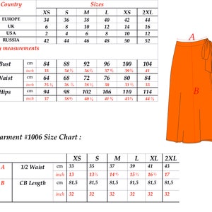 May include: Size chart for a garment with measurements in inches and centimetres. The chart includes bust, waist, hips, 1/2 waist, and CB length. The garment is available in sizes XS, S, M, L, XL, and 2XL.