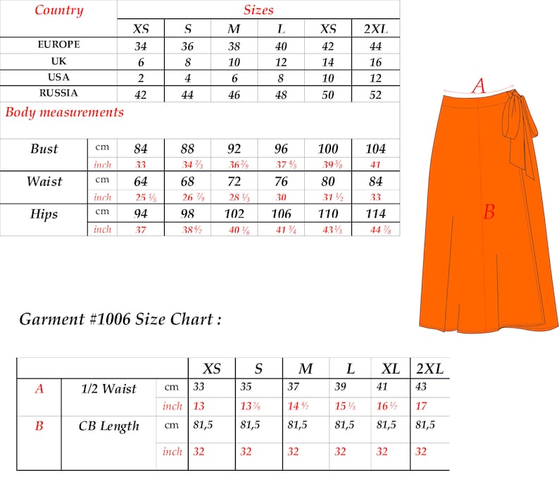 May include: Size chart for a garment with measurements in inches and centimetres. The chart includes bust, waist, hips, 1/2 waist, and CB length. The garment is available in sizes XS, S, M, L, XL, and 2XL.