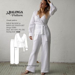 Puede incluir: Un conjunto de blusa cruzada y pantalón de pernera ancha blanco. La imagen muestra a una mujer que lleva el conjunto, con un dibujo lineal del patrón y el texto "BALINGA Pattern" y "WRAP BLOUSE & WIDE LEG PANTS SET". El patrón incluye tallas XS-2XL.