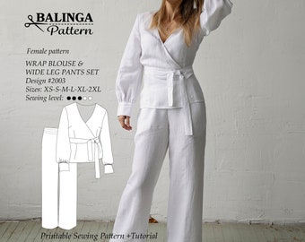 Cartamodelli PDF per camicetta avvolgente e pantaloni a gamba larga / Taglie dalla XS alla 2XL