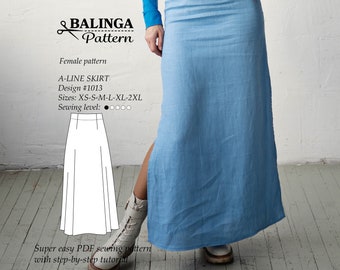 A-Line Long Skirt with slits at side seams  PDF digital Sewing Pattern Sizes XS-2XL USA 2-12