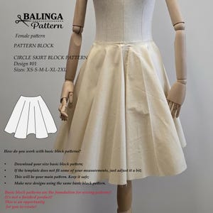 Peut inclure: Un patron de jupe cercle de couleur crème sur un mannequin. L'image comprend le texte "BALINGA Pattern", "CIRCLE SKIRT BLOCK PATTERN" et des tailles de XS à 2XL. Des instructions sur l'utilisation du patron sont également incluses.